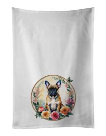 Fawn French Bulldog and Flowers Kitchen Towel Set of 2 White Dish Towels Decorative Bathroom Hand towel for Hand, Face, Hair, Yoga, Tea, Dishcloth
