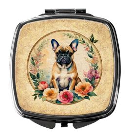 Fawn French Bulldog and Flowers Compact Mirror Decorative Travel Makeup Mirror for Women Girls Gifts Pocket Makeup Mirror Folding Handheld